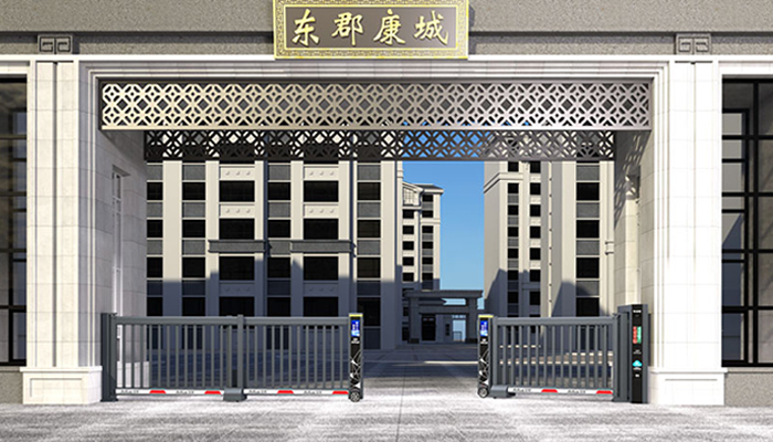 某小區(qū)大門采用 “安快” 柵欄款段滑平開工業(yè)門效果圖